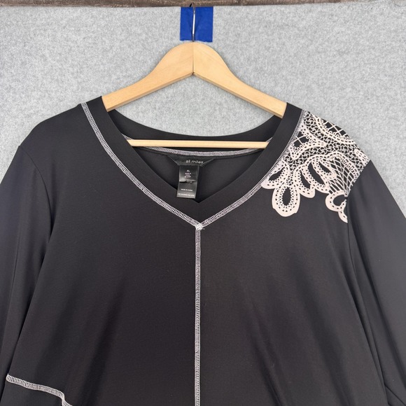 Ali Miles Top Womens XL Black White 3/4 Sleeve Tunic V Neck Boho Artsy Stretch - Picture 4 of 8